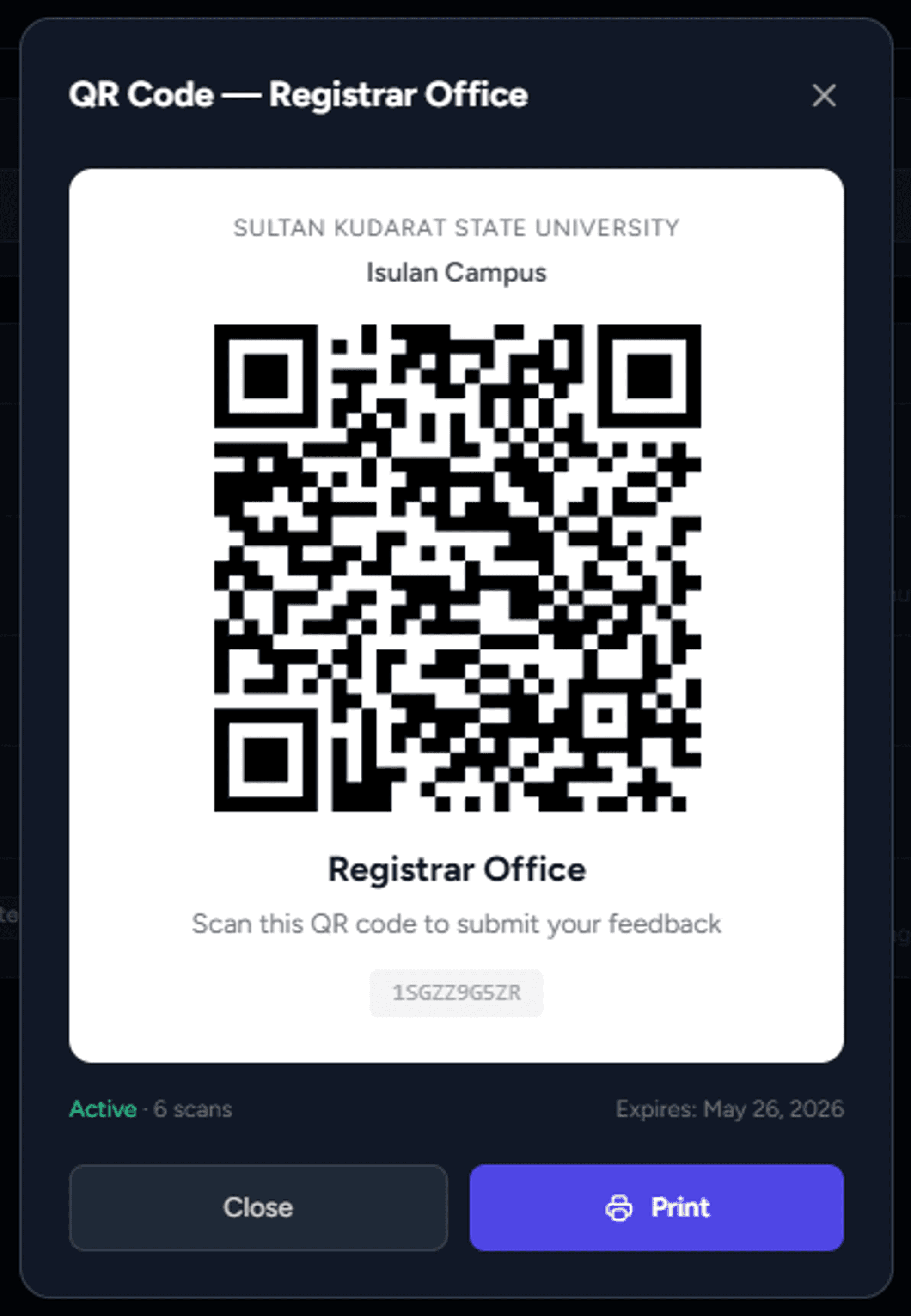 ScanServe customer-facing QR ticket interface on a mobile device.