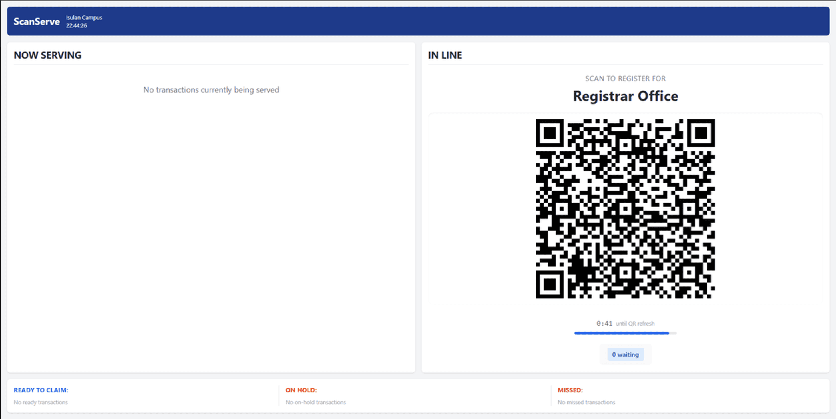 ScanServe live queue board displaying called and serving tickets in real time.
