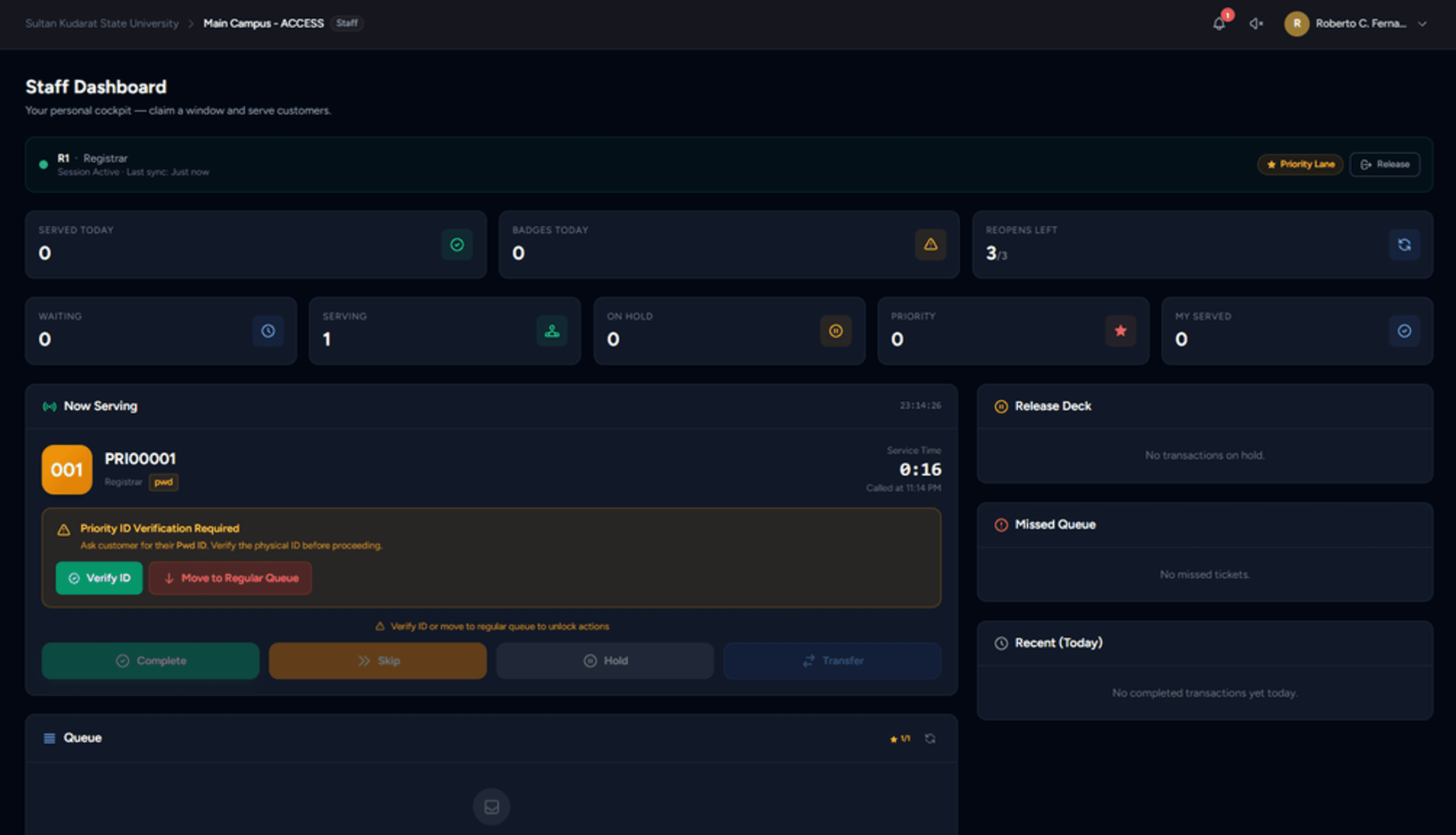 ScanServe staff admin dashboard showing call-next, serve, and complete actions.